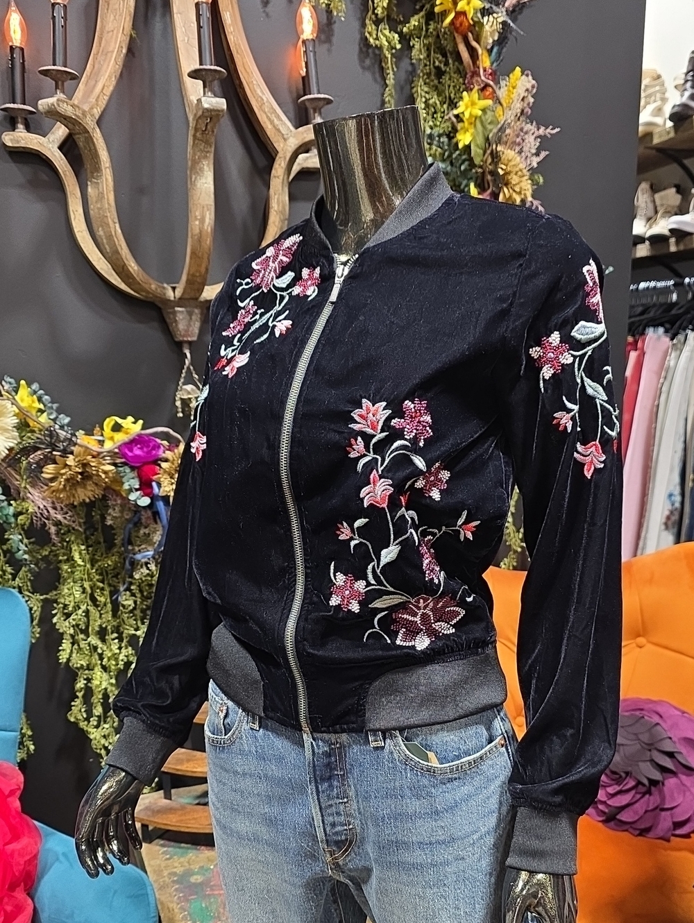 NEW A.N.A. Black Velvet Bomber Jacket with Pink & Green Floral Embroidery